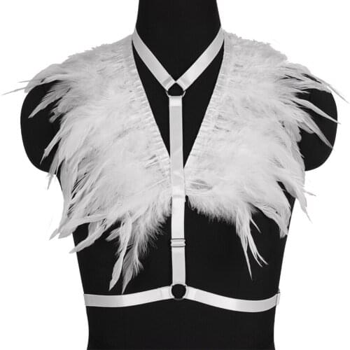 Harness Bra Goth Bdsm Womens Underwear Natural Feather Body Belts Gothic Clothes Harness Fashion Sexy Lingerie Stockings Garter