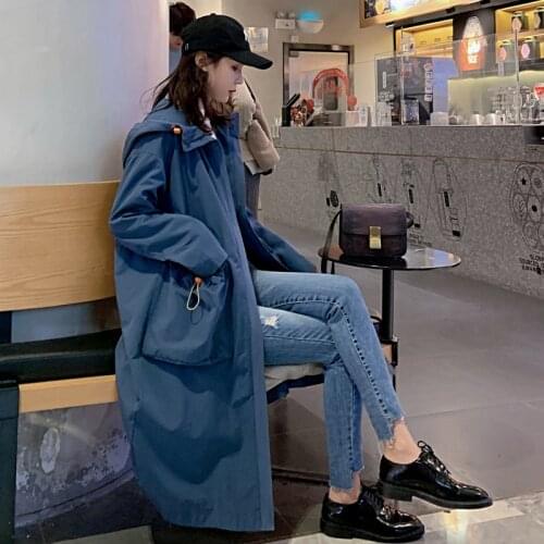 2021 Spring Autumn New Womens Long Windbreaker Coat Streetwear Hooded Zipper Tooling Outwear Loose Casual Female Trench Coats