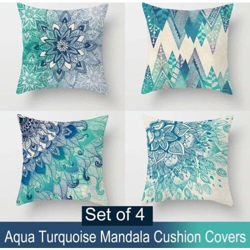 4PCs Home Decoration Cushion Covers Aqua Blue Turquoise Mandala 4PCs Value Pack
