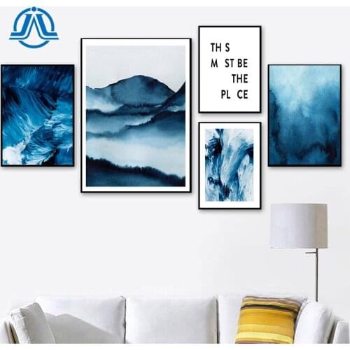 Abstract Mountain Landscape Canvas Painting Blue watercolour Poster Sea Print Wall Art Quote Picture For Living Room Home Decor