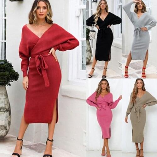 AECU Autumn Winter Women Knitted Skinny Sweater Dress For Women Party Dress V-neck Bodycon Dress Female Sexy Party Vestidos