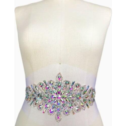 HAND Beaded 14x41cm AB Appliques and Patches For Clothes Sequin Crystal Belt High Waist Wedding Costume Dress Banquet Ball