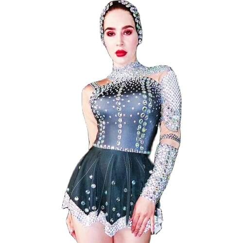 Sequins Rhinestones Mini Dresses Headwear Shiny Costume For Women Backless Mesh Gauze Nightclub Performance Dance Show Wear