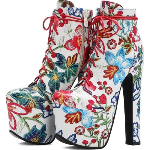 Fashion Flower Ankle Boots Women Platform Autumn Winter Short Boots Lace-up Sexy Ultra Heels Fetish Shoes Woman Large Size 46