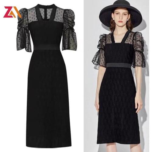 ZALady designer black office work OL midi dresses for women fashion patchwork mesh short sleeve summer traf party dress vestidos