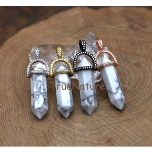 Double Terminated White Howlite Stone Healing Howlite Point Pendant Cz Micro Paved Pencil Point Jewelry In 45*10 mm PM7396