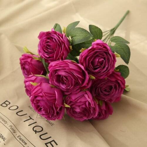 Silk Flower European 1 Bouquet 10 Heads Artificial Rose Peony Fake Leaf Wedding Home Party Decoration