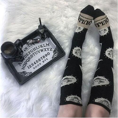 Gothic Stockings Women Knee High Socks Warm Dark Fashion Aesthetic Stockings Elastic Sun Moon Letter Pattern Hipster Streetwear