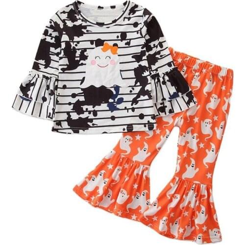 Halloween Costume Girls Set Europe America 2021 New Cartoon Hoodie Pullover+Bell-Bottom Pants Sportswear Baby Suits Kids Clothes