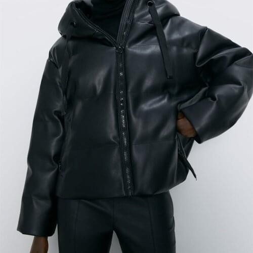 Ladies Fleece Black Oversized Coat 2021 Autumn and Winter Women Pu Hooded Leather Cotton Padded Jacket Women Coats