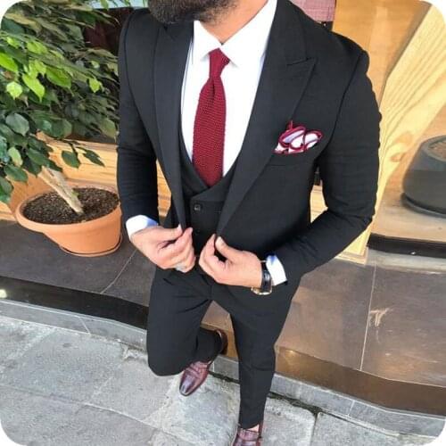 Custom Made Men Suits Black Groom Tuxedos Peak Lapel Groomsmen Wedding Bridegroom 3 Pieces ( Jacket+Pants+Vest+Tie ) D176