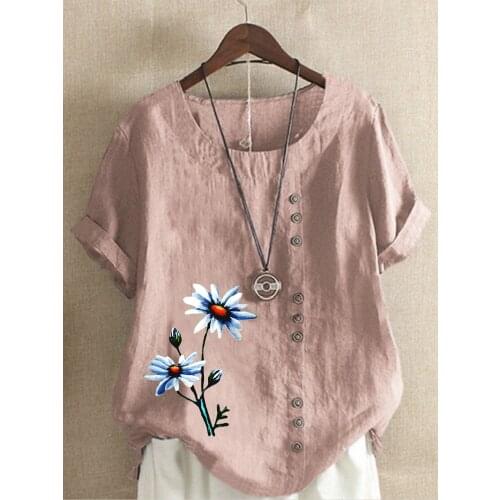 New Spring and Summer Fashion Women Clothing Flower Printed Short Sleeve Tops O-neck Casual Plus Size Loose Ladies Blouse Tops