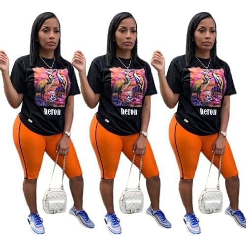 New summer women tracksuit o neck sexy print 2 pieces shorts suit lady casual slim two pieces women outfits LA8116