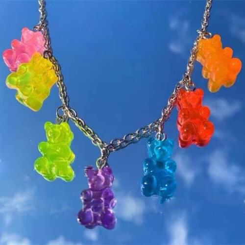 Rainbow Gummy Bear Necklace for Women Girls Candy Color Hip Hop Charm Pendants Necklaces Daily Jewelry Party Gifts Femme Bijoux