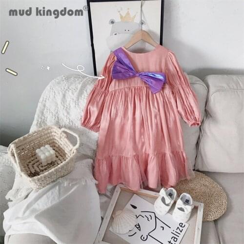 Mudkingdom Bow Princess Dress Girls Solid Puff Long Sleeve Elastic Spring Autumn Dresses For Toddler Cute Zipper Casual Clothing