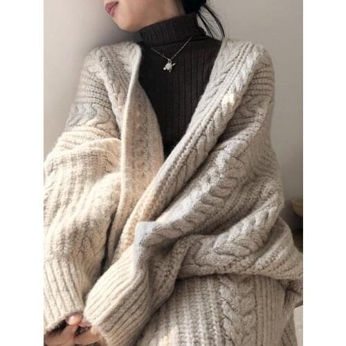 Loose and Lazy Style Korean Style Mid-Length Autumn and Winter European Station Cable-Knit Sweater Coat Womens Knitted Cardigan