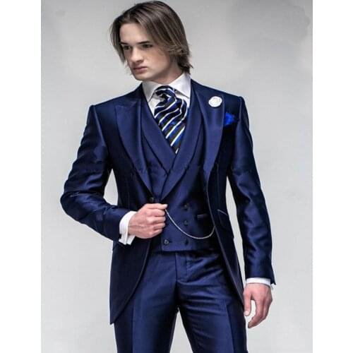 Navy Blue Slim Fit Groom Tuxedos Peak Lapel One Button Groomsmen Mens Wedding Dress Excellent Man Suit(Jacket+Pants+Vest) terno