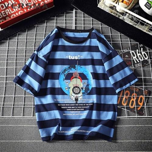 VERSMA Japanese Harajuku Black White Striped T-shirt Men Women Hip Hop Streetwear Trendy Cartoon Print Tshirt Men Dropshipping