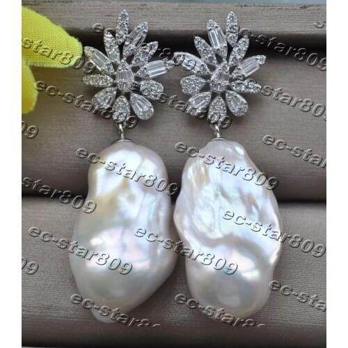 Z11213 A+ 30mm White Baroque Keshi Pearl 925silver Dangle Earring CZ Woman Fine Jewelry