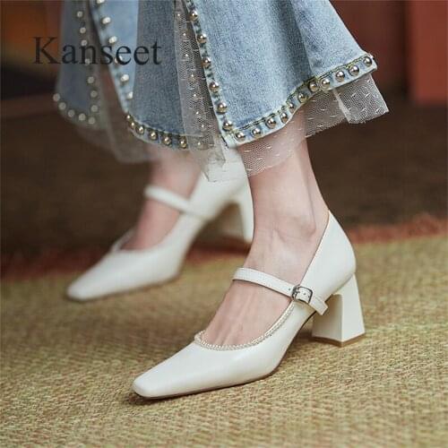 Kanseet Square Toe Thick High Heels Womens Shoes 2021 Autumn New Pearls Decoration Elegant Handmade Party Women Pumps Apricot