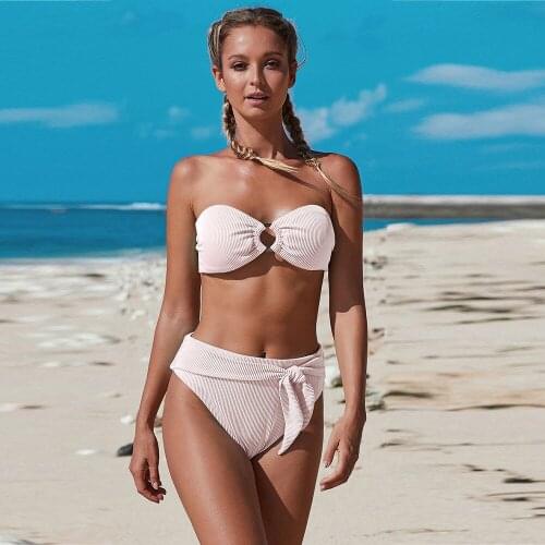 Fanceey Swimsuit Women Bikini Strapless Striped Bathing Suit Women High Waist Brazilian Bikini Solid Swimming Suit for Women