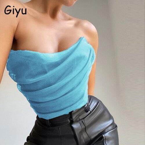Giyu Sexy Corset Tops Women 2021 Summer Sleeveless Off Shoulder Female Boned Cropped Streetwear Bustier Mesh Crop Top White