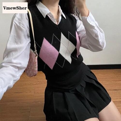VmewSher New Vintage Short Women Vest Autumn Spring Argyle V Neck Sleeveless Sweater Pullover Bodycon Knitted Jumper Crop Tops