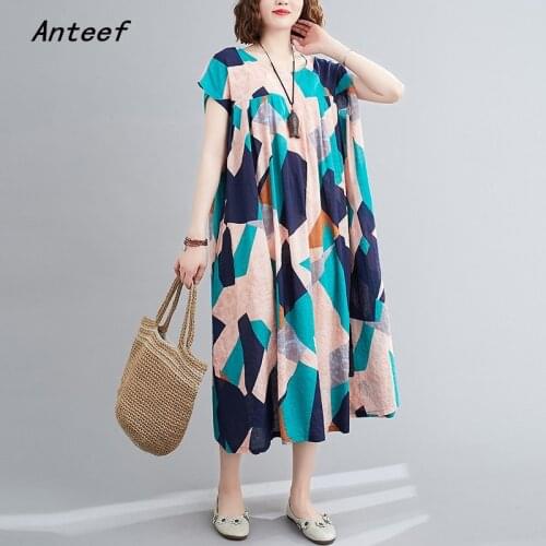 Short sleeve cotton linen vintage floral dresses for women casual loose long summer dress elegant clothes 2021