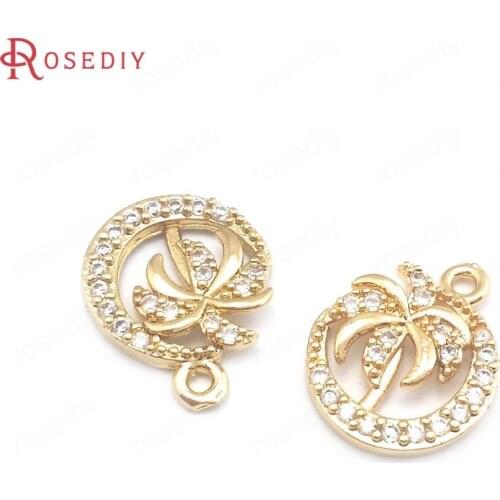 40618)10PCS 24K Champagne Gold Color Brass and Zircon Coconut Tree Charms Pendants Diy Jewelry Making Supplies