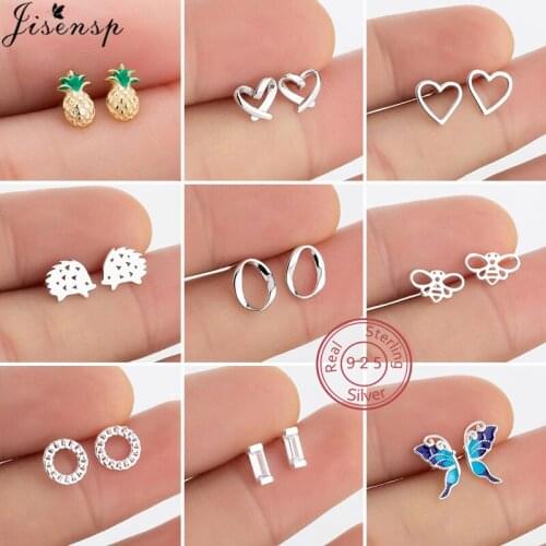 100% 925 Sterling Silver Heart Earrings for Women Small Round Bee Hedgehog Pineapple Stud Earring Bohemian Butterfly Accessories