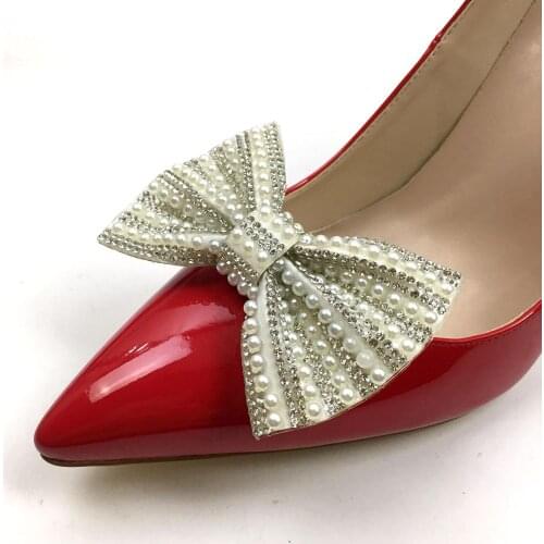 2PCS Crystal Synthetic Pearl Shoe Charms Elegant Bowknot Silver Women Hat Shoes Decoration Accessories DIY