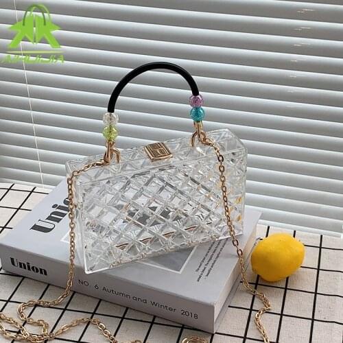 Acrylic Transparent Women Chain Shoulder Bag Ladies Diamond Lattice Messenger Bag Beading Handbag Fashion Casual Crossbody Bag