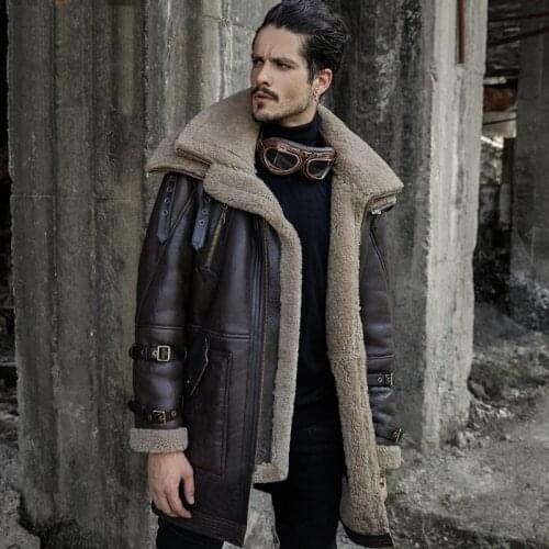 B3 Flight Jacket Double Collar Design Mens Shearling Jacket Long Style Leather Jacket Mans Sheepskin Aviator Fur Coat