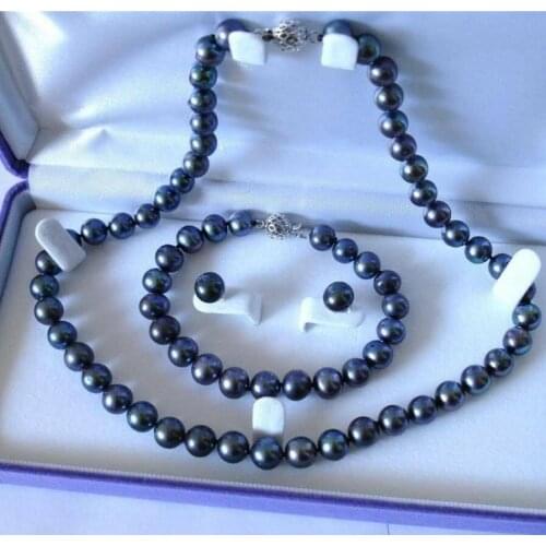 Free Shipping 8-9mm Natural Black Akoya Cultured Pearl Bracelet Necklace Earrings Set AA+ jade