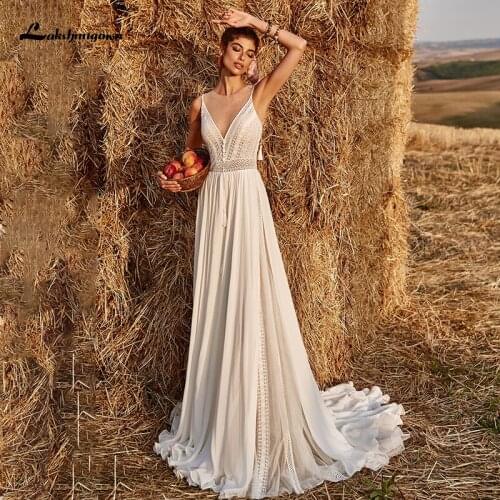 Spaghetti Straps Bohemian Boho Beach Wedding Dress 2021 Illusion Top Chiffon with Lace A Line Bridal Dresses Vestidos De Renda