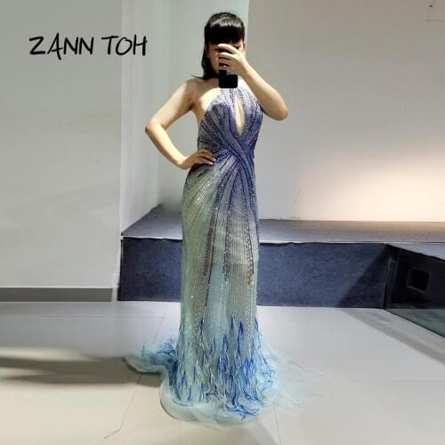 Formal Evening Dresses Long Plus Size 2020 Sexy Halter Beading Feather Evening Gown Robe De Soiree