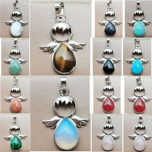 Malachite Opal Crystal Aventurine Tiger Eye Blue Sand Goldstone Carnelian Angel Art Pendant Bead WB940