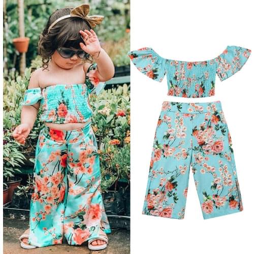 Toddler Baby Girl Floral 1-6Y Clothes Sets Off Shoulder Crop Top Wide Leg Pants Summer Outfit