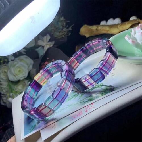 Top Natural Colorful Fluorite Bracelet For Woman Lady Man Gift Crystal 14x12mm Rectangle Beads Gemstone Stretch Jewelry AAAAA