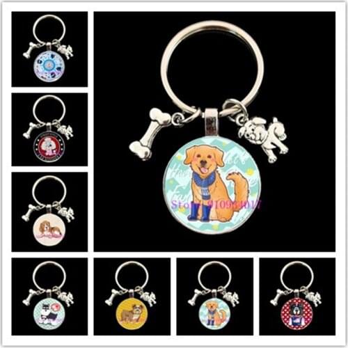 Cute cartoon pet bulldog round glass keychain, creative personality Teddy dog bone glass keychain small gift for friends