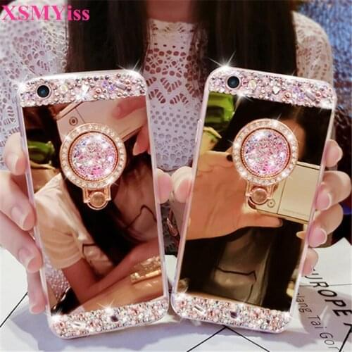 Fashion Rhinestone Diamond Soft TPU Mirror Phone Case For Samsung S7 S8 S9 S10 PLUS S10 Lite Note5 8 9 with Ring Holder Stand
