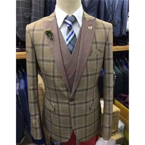 2020 Beige Plaid Mens Suit 3 Piece Slim Fit Wedding Suits for Men Groom Dress Tuxedo Male Blazer Business Jacket Vest Pants Set