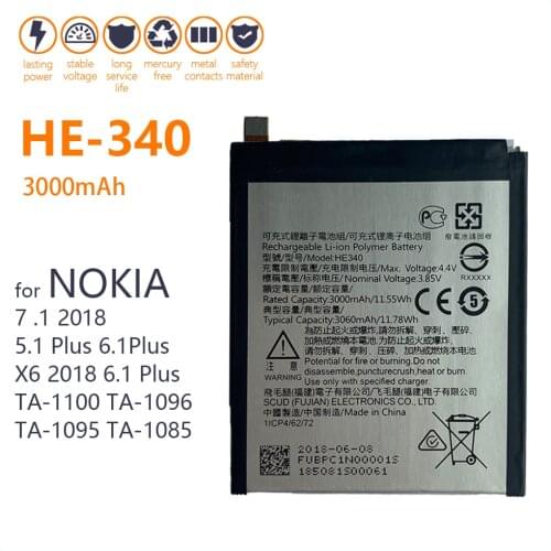 Genuine 3000mAh HE340 Battery For Nokia 7 .1 / X6 2018 6.1 Plus / TA-1100 TA-1096 TA-1095 TA-1085 / 5.1 Plus HE342+track code