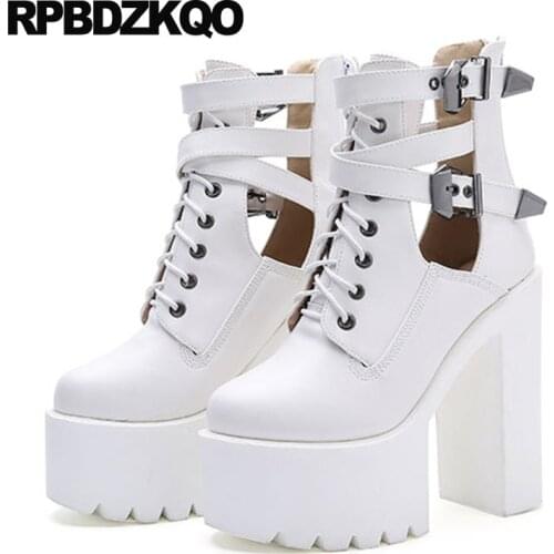 Fall Shoes Rock White Booties Extreme Belts Chunky Black High Heel Ankle Lace Up Women Zipper 15cm Gothic Platform Boots Punk