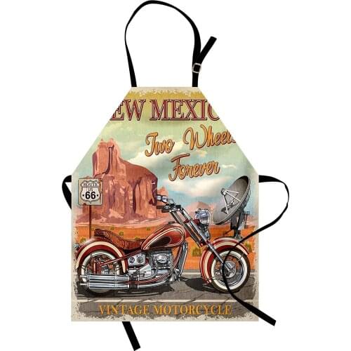 Route 66 Apron New Mexico Calligraphy with Vintage Motorcycle on Historic Road Trip Poster Print Kitchen Bib ApronCooking Baking