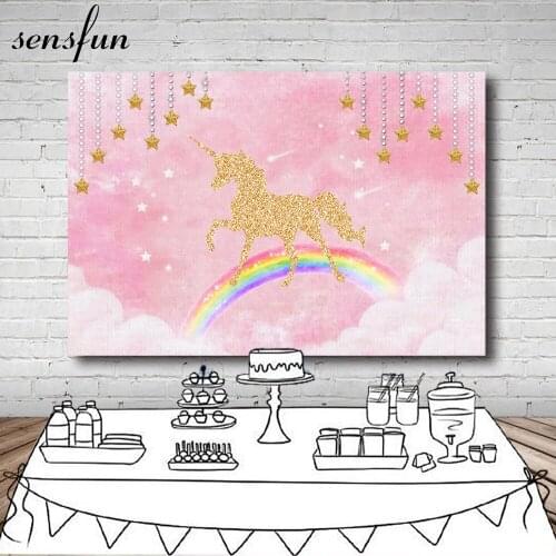 Sensfun Pink Theme Photography Backgrounds Gold Glitter Little Stars Unicorn Rainbow Girls Birthday Party Backdrop 7x5FT Vinyl