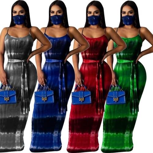 Sexy Tie-Dye Long Dress Women Sleeveless Spaghetti Strap Sundress Lace Up Summer Outfit Ladies Midi Beach Party Club Dress 2020
