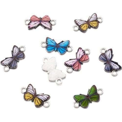 100pcs Mixed Color Butterfly Printed Alloy Links Connectors with Enamel for Jewelry Making DIY Bracelet Necklace 12x23x2mm