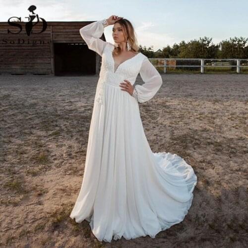 SoDigne Plus Size Wedding Dresses V Neck A Line Lace Appliques Bohemian Bridal Gowns Long Sleeves Garden Vestido De Noiva
