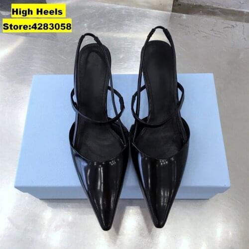 Casual Designer women Pumps Black patent leather point toe high heels slingback shoes Zapatos Mujer sandalias de las mujeres